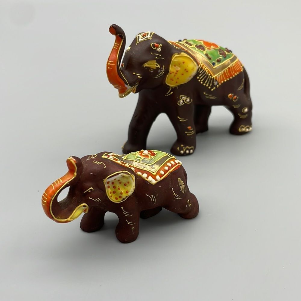 Vintage Japanese Satsuma Elephants Mother Baby Figurine Hand Painted Porcelain